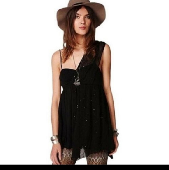 NWT Free People One Shoulder Square Neck Fairuza Black Sequin Tunic Tank Top - Picture 2 of 7